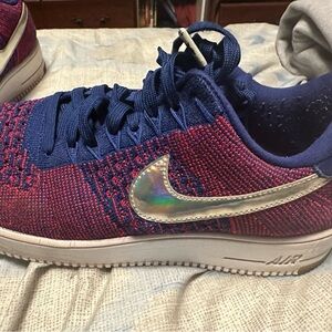 Air Force 1 size 10.5 Nike Blue and Pink Flyknit Sneakers with Silver Swoosh